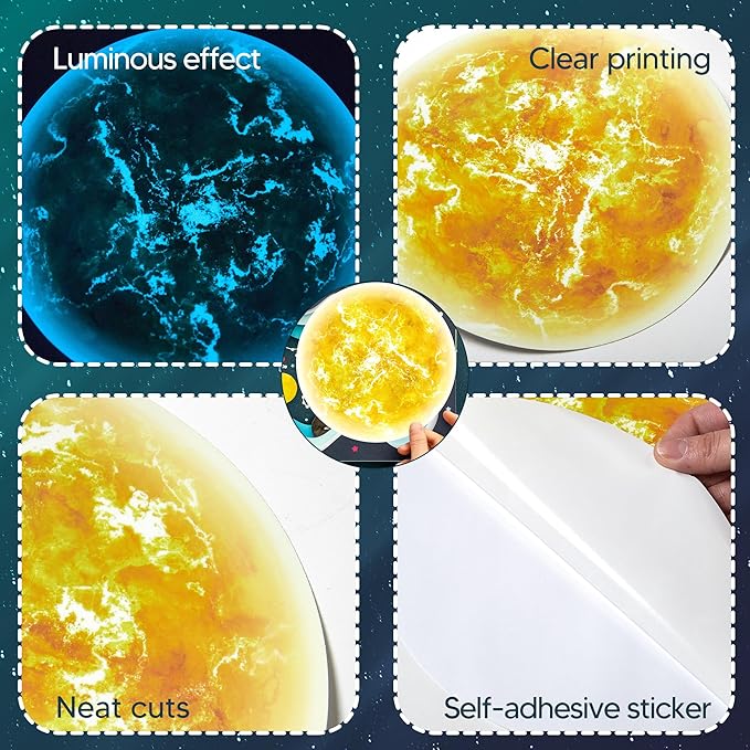 Glow in The Dark Sun for Ceiling, Luminous Planet Wall Sticker, Kids Bedroom Wall Decal, Sticky Fluorescence Sun, Gift for Boys and Girls (Blue)