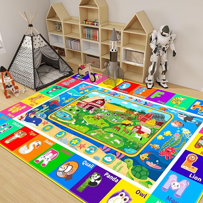 Kids Rug for Playroom, Kids Baby Playmat with Farm Sea Animal, Alphabet ABC Educational Rug, Floor Play Mat Carpet for Bedroom Preschool Classroom (59 X 39.4 INCH, Farm)