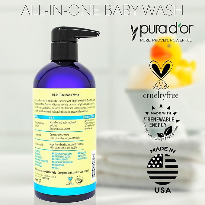 PURA D'OR All-in-One Baby Wash (16 Oz x2 = 32 Oz) USDA Biobased, Zero Sulfates, No Artificial Scents, Tear-Less, Hypoallergenic, Gentle, Calming 2-in-1 Baby Bath Wash & Shampoo