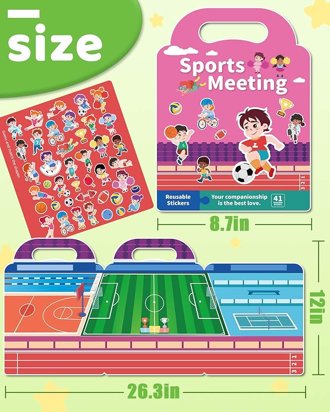 Benresive Reusable Sticker Book for Toddlers 2-4 Years, Fun Travel Stickers for Kids, Waterproof Sticker Books for Toddlers 1-3, Crafts Activities for Todddlers 1-3 2-4 3-5 - Sports