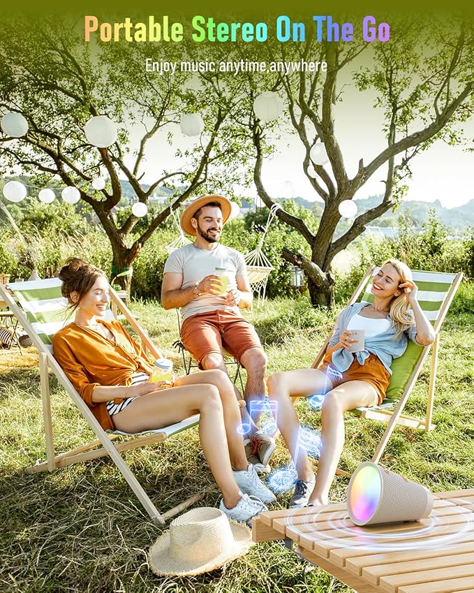 Portable Bluetooth Speaker Wireless with 9 Color Lights, 20H Playtime, Stereo Pairing, Deep Bass, IPX6 Waterproof, Bluetooth 5.3, Small Speaker for Home, Party, Outdoor, Camping, Beach, Gift