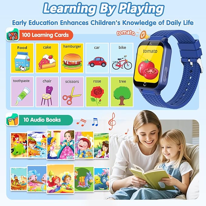 Smart Watch for Kids Boy Gift Ages 3-12, 2 Screen Protector, 26 Puzzle Games, HD Camera Video Music Player Touchscreen Pedometer, Educationtal Toy Brithday Gifts for Boy Ages 4 5 6 7 8 9 10(Blue)