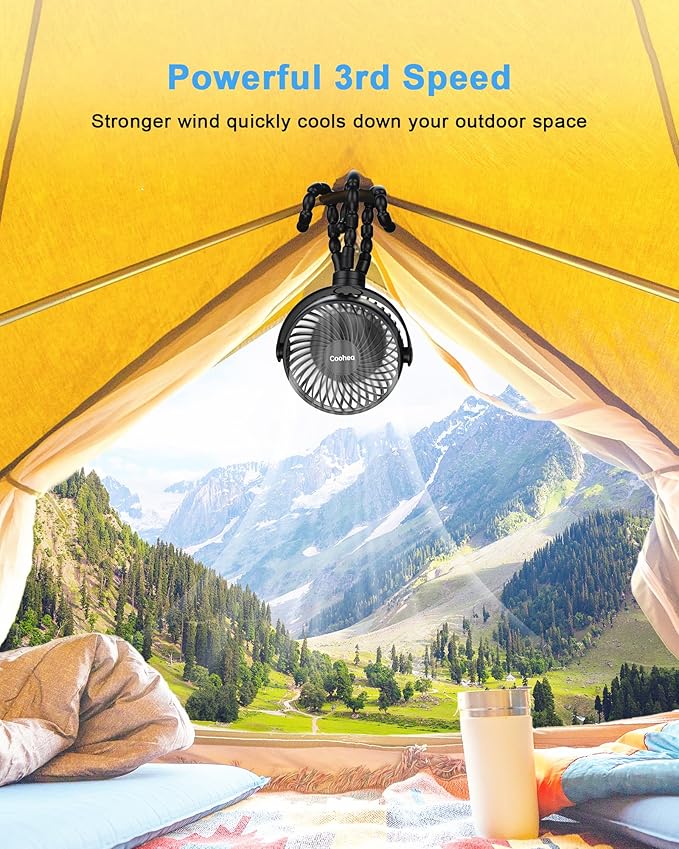 Stroller Fan Clip on for Baby, 4000mAh Rechargeable Battery Operated, Flexible Tripod, 3 Wind Speed, 360° Rotatable, Small Cooling Portable Fan for Car Seat Crib Golf Cart Bike Treadmill, Black