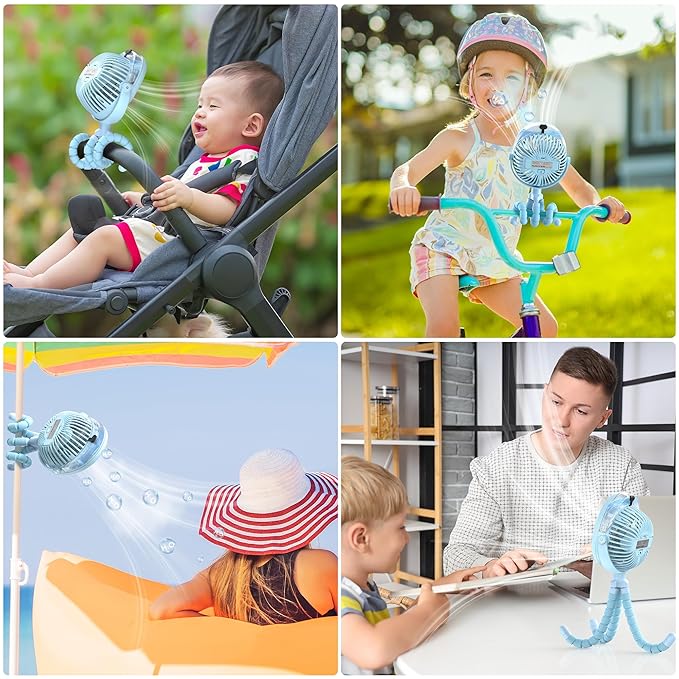 2025 Upgarded 4000mAh Misting Baby Stroller Fan, Rechargeable Battery Operated,Max 15Hrs Cooling,50ml Portable Water Sprayer Misting Fan with Flexible Tripod Clip on Car Seat Crib Treadmill Bunk Bed