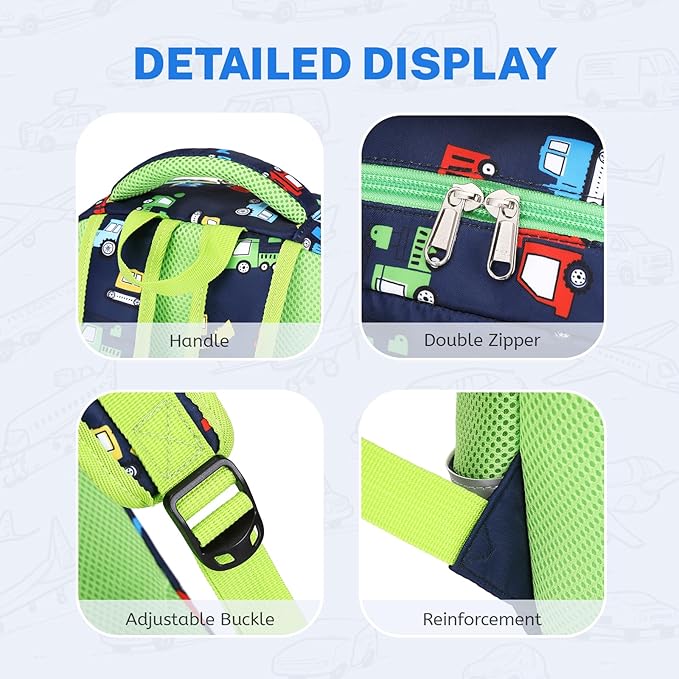 mygreen 3PCS Kids Backpack Set - Waterproof Bookbag with Lunch Box for Boys Ages 3-12, Adorable Cartoon Prints for School & Outdoor Use Blue Green Truck