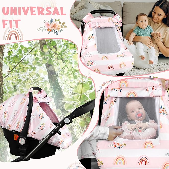 Pea Pod Car Seat Cover Baby, Infant Car Seat Canopy Covers for Newborn with 2 Layers Windows of Breathable Mesh Fabric, Lightweight Polyester/Soft Minky Dot Backing (Floral & Rainbow)