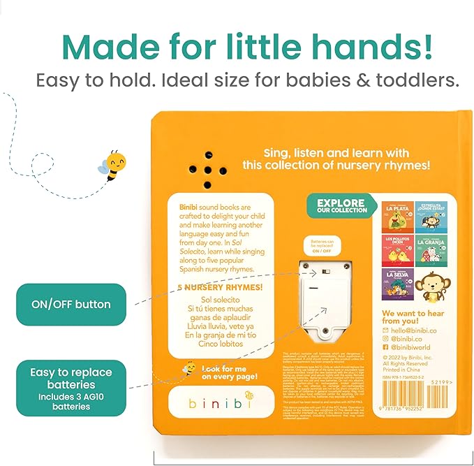 Binibi Spanish Musical Book for Toddlers Sol Solecito & Other Nursery Rhymes | Spanish Learning for Kids | Bilingual Children's Sound Book | Libro en espaรฑol para bebรฉs