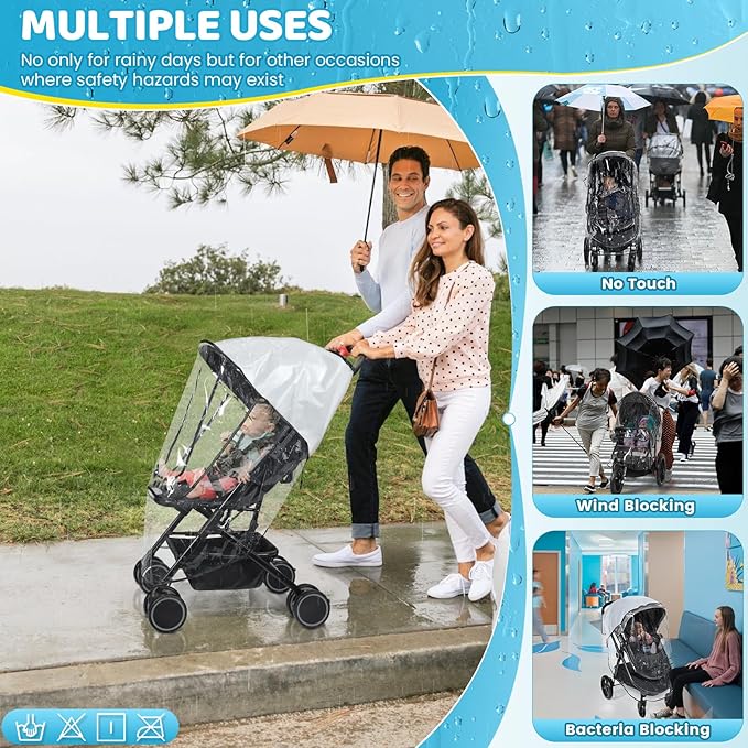 Universal Clear Stroller Rain Cover, No-Zip Waterproof Stroller Cover - Food Grade EVA & Frosted PVC, Baby Travel Weather Shield, Breathable Rain Cover for Most Single Strollers, Black