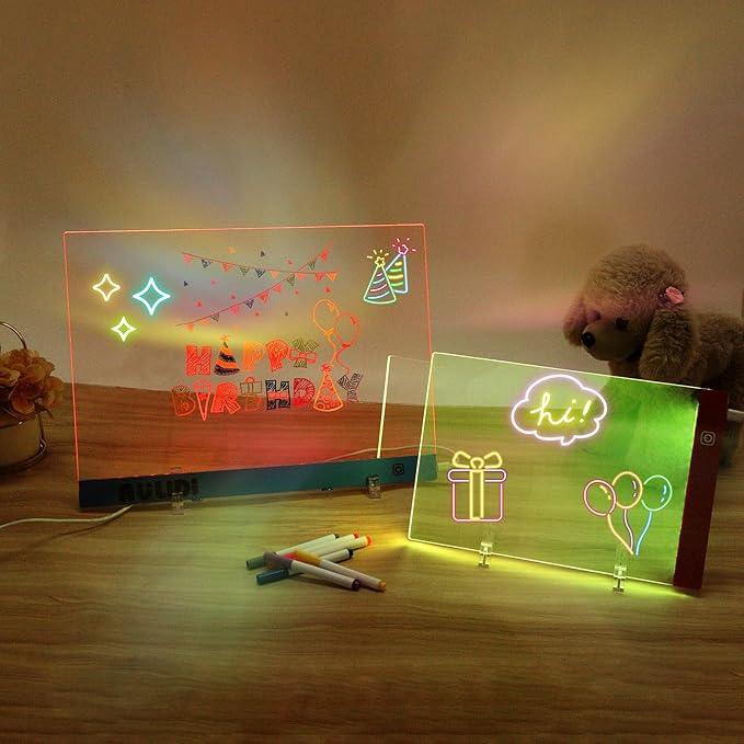 LED Note Board with Colors, Acrylic Dry Erase Board with Light, 16"x12" 6-Color Neon Glow Memo LED Light-Up Message Note Board, Drawing Board, LED Writing Pad with Touch Control (Stand/Hanging)