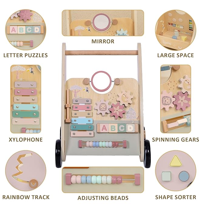 Pink Wooden Push Pull Sit to Stand Walker - Adjustable Learning Activity Center - Baby Learning to Walk - Educational Gift for Toddler Boy or Girl