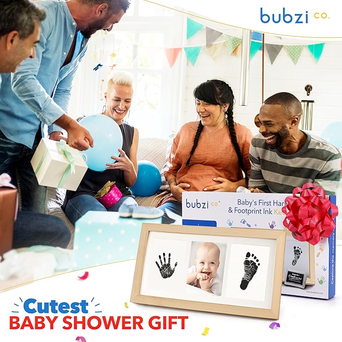 Bubzi Co Baby Handprint Kit & Footprint Photo Frame for Newborn Girls and Boys, Unique Baby Shower Gifts Set for Registry, Memorable Keepsake Decorations for Room Wall or Nursery Decor (Natural Wood)