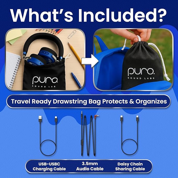 Puro Sound Labs JuniorJam Plus Volume-Limiting Wireless Bluetooth Headphones for Kids, Secure Audio with Adjustable On-Ear Design, 22-Hour Battery, Ideal for Tablets, Smartphones & PCs - Blue