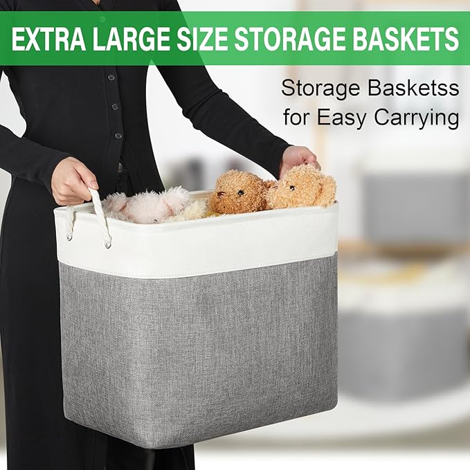 Bidtakay Extra Large Storage Baskets for Organizing 17x12x15.1 inch 3-Pack Fabric Closet Organizers Storage Bins with Handles Foldable Storage Baskets for Shelves Clothes XL-White&Grey