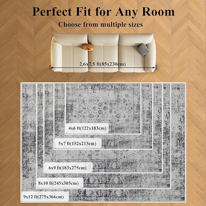 9x12 Area Rug Living Room Rugs, Stain Resistant Washable Rug, Vintage Large Non-Slip Backing, Low Pile Lightweight Print Rug for Bedroom Dinning Room Home Office (White/Grey)