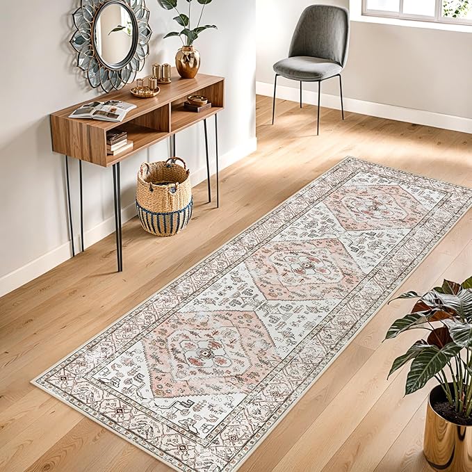 Lahome Boho Washable Non-Slip Pink Rug - Ultra-Thin Non-Shedding Bedroom Bathroom Carpet Runner for Hallway Entryway (Pink, 2'x6')