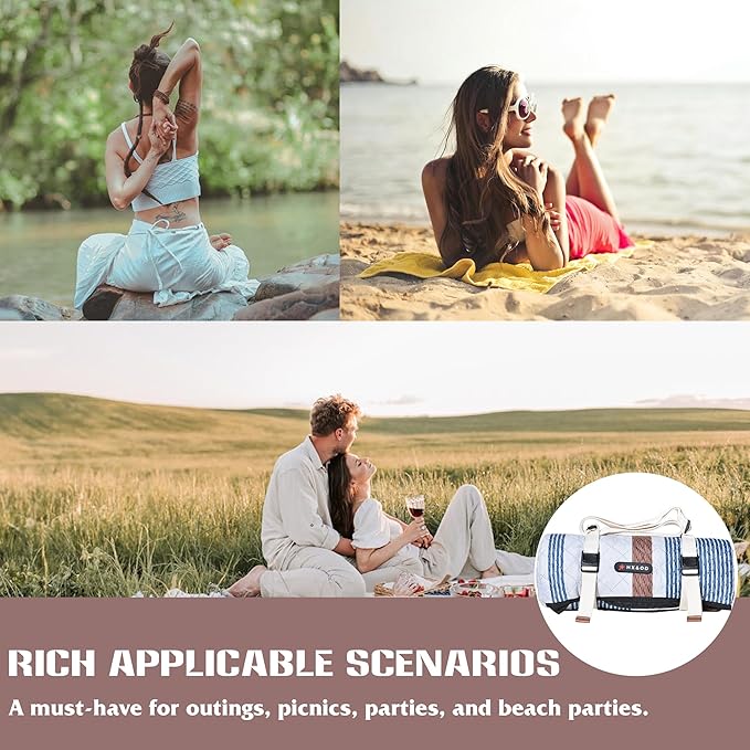 Waterproof Picnic Mat, Outdoor Camping Oversized Field Blanket. Portable Thickened Camping Blanket, Suitable for Beach, Camping, Music Festival, Party, Outdoor Adventure. (Brown&Blue&White, 80”x60”)