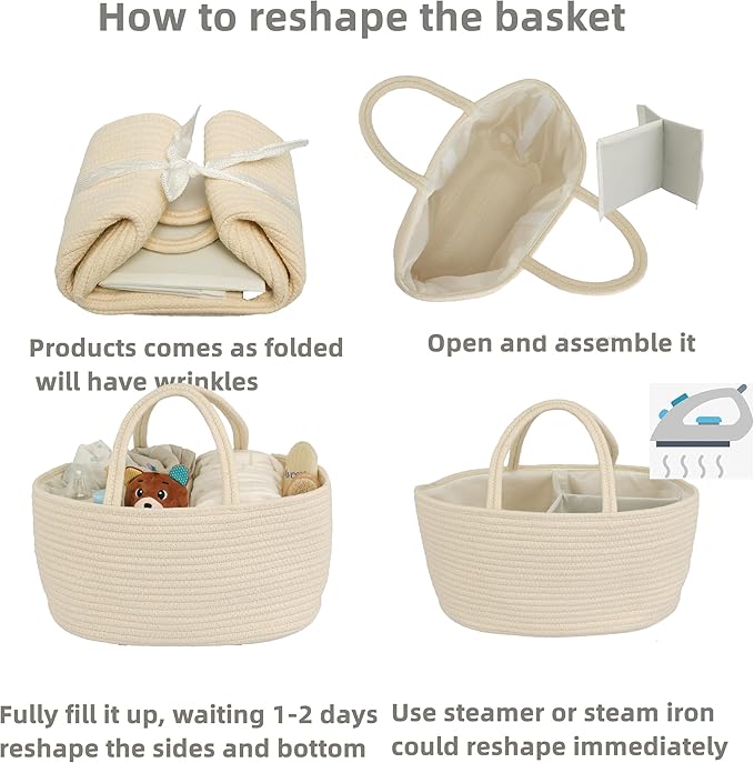 Diaper Caddy Organizer Cotton Rope Baby Basket Nursery Storage and Portable Tote Bag for Car Ideal Baby Shower Gifts and Registry Must-Have for Newborn Essentials beige