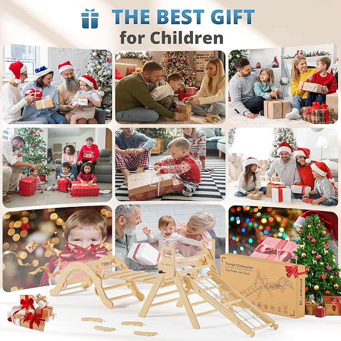 BlueWood 10-in-1 Pikler Triangle Set, Toddler Climbing Toys Indoor, Montessori Climber, Baby Jungle Gyms with Arch, Extra Rope Ladder & Footprint Balance Beam - Natural Rustic