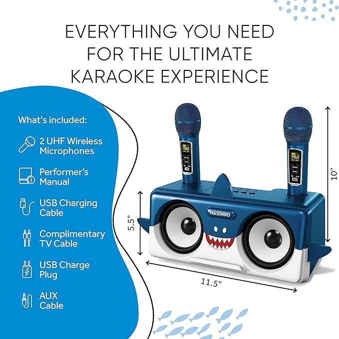 MASINGO Shark Karaoke Machine for Kids, Children and Toddlers with 2 Wireless Bluetooth Microphones, Portable PA Speaker Includes Lyrics Display Phone Holder, TV Cable and Singer Vocal Removal Mode