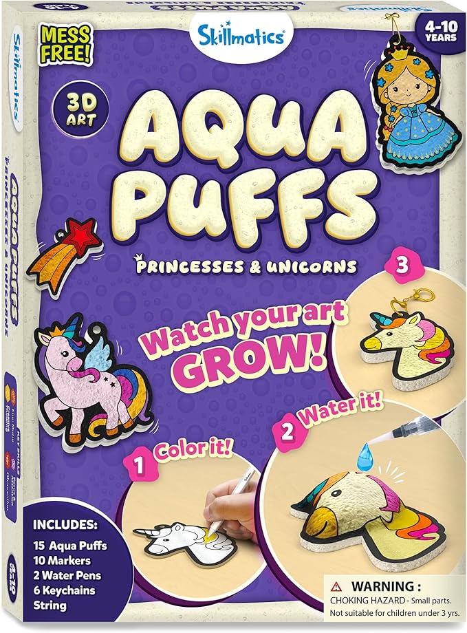 Skillmatics 3D Art Kit - Aqua Puffs Princesses & Unicorns, Mess-Free Paint by Number Craft for Kids, DIY Color & Inflate Activity, Travel & Creative Gift for Girls & Boys Ages 4, 5, 6, 7, 8, 9, 10