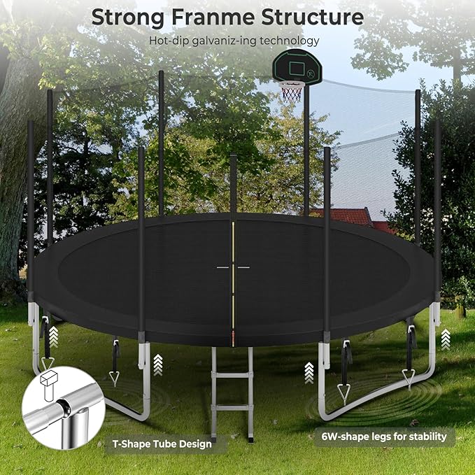 Upgraded 10/12/14/15/16FT Trampoline Outdoor, Large Kids Trampoline with Light, Stakes, Sprinkler, Backyard Trampoline with Basketball Hoop and Net, Capacity for 4-6 Kids and Adults