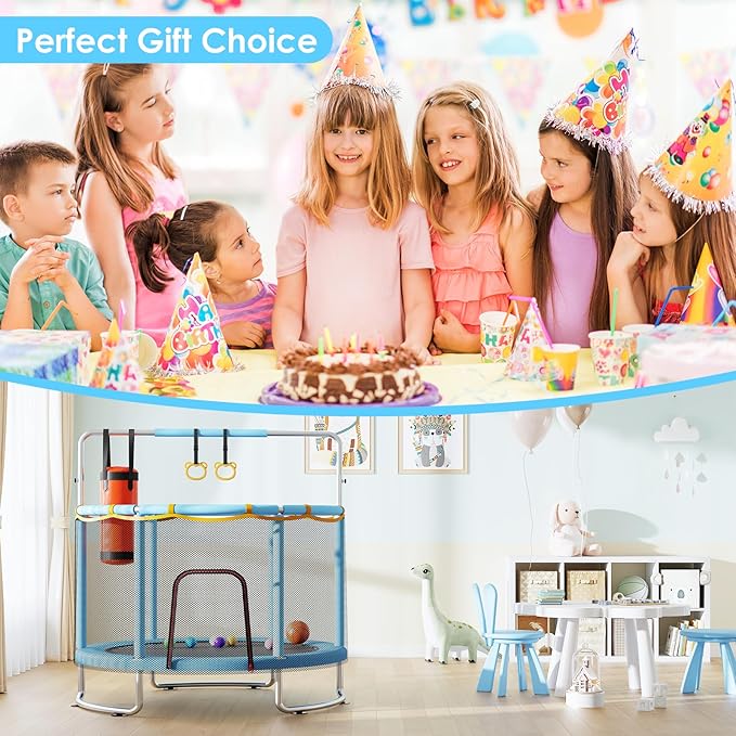 Trampoline for Kids, Upgrade Full Anti-Rust 440lbsToddler Trampoline with Net, Upgraded Ring Legs with Adjustable Gymnastics Bar&Toys, Gifts for Ages 1-8 Boys&Girls