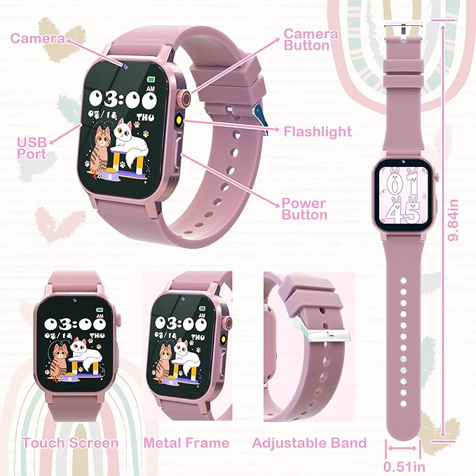 Kids Smart Watch for Girls Age 5-12, 32 Games HD Touch Screen Girls Watch with Camera Video Music Player Pedometer Flashlight 12/24 hr Gifts for 6 7 8 9 10 Year Old Girl Birthday Gift