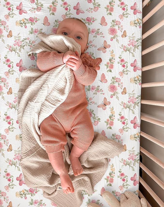 Bassinet Sheet for Baby Boy and Girl 2 Pack, Fitted Sheets for Rectangle, Oval, Hourglass Bassinet Mattress, Muslin Moses Basket Sheets with Neutral Style (Butterfly & Beige)