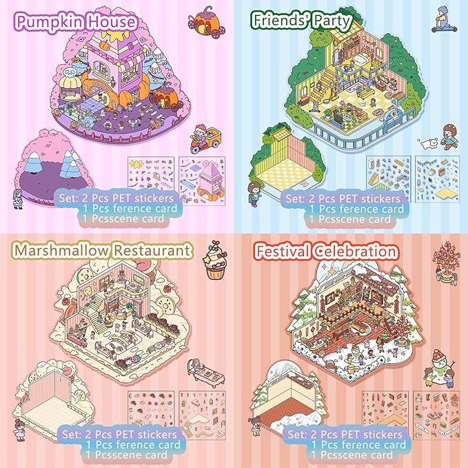 DIY 3D Sticker Scene,8 Sets Pack(600+) Large-Sized, Reusable Sticker Book, Cute Sets for Free Combination, Waterproof for Anywhere, Crafts Party Favors Birthday Gift