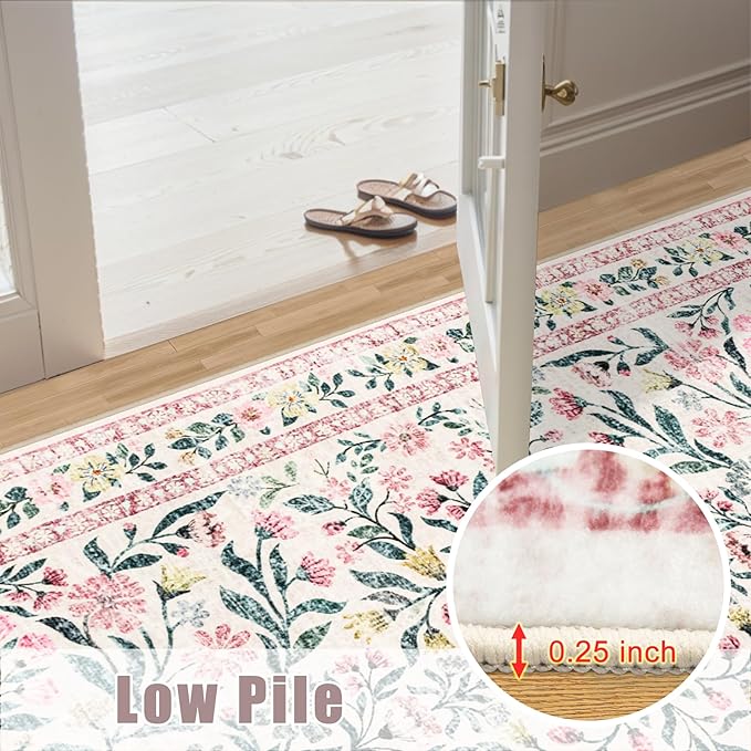 8x10 Area Rugs for Living Room: Floral Washable Rug Vintage Large Soft Boho Non-Slip Carpet Indoor Stain Resistant Low Pile Carpets for Bedroom Dining Room Farmhouse Nursery Home Office Pink Green