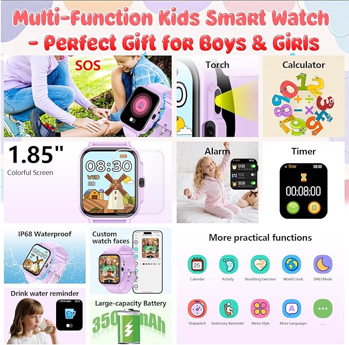Smart Watch for Kids, 1.85" Fitness Tracker Pedometer Watch, Health, Sleep Monitor, Puzzle Games, Alarm Clock, Camera, Music Player, Torchlight, Activity, Gift Toys for 4 - 13 Years Old Boys and Girls