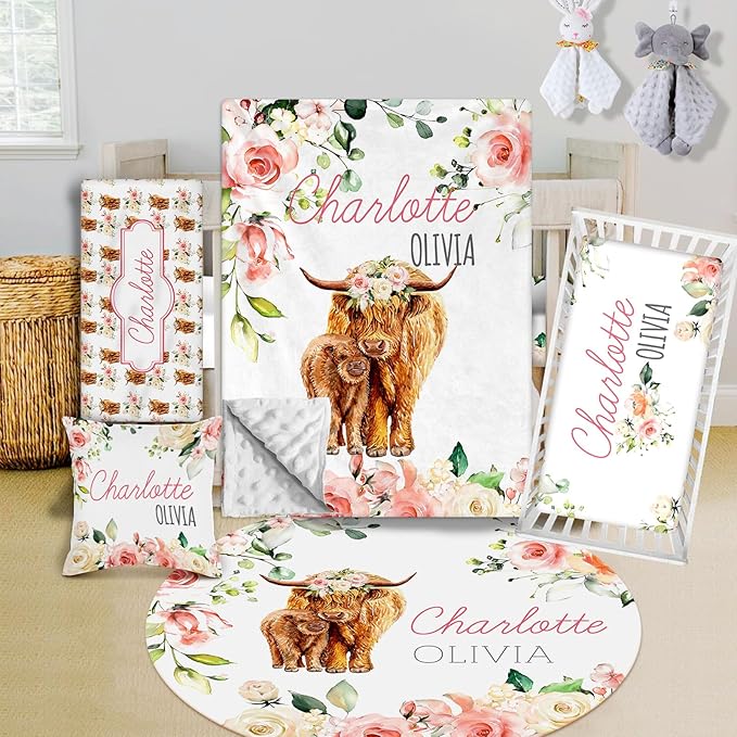 Custom Crib Bedding Set - Highland Cow Design Personalized Name Baby Nursery Bed 3 Pcs Set - Chic Soft Blanket with Dotted Backing, Sheet, Pillowcase for Newborn Girls Boys Gifts Color02