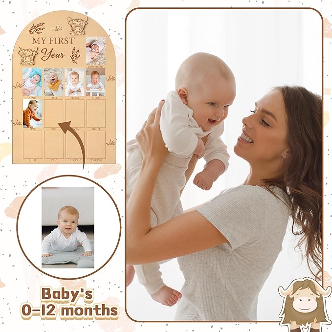 R HORSE Picture Frame - My First Year Photo Display Board, Highland Cow, Wood, 15.7 x 11 inches, Unisex Adult Gift