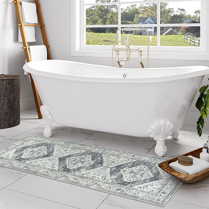 Lahome Boho Runner Rug for Hallway - 2x7 Stain Resistant Non-Slip Kitchen Runners Non Skid Washable 7 Ft Lightweight Throw Bathroom Runner, Oriental Distressed Print Runner for Bedroom Laundry Room