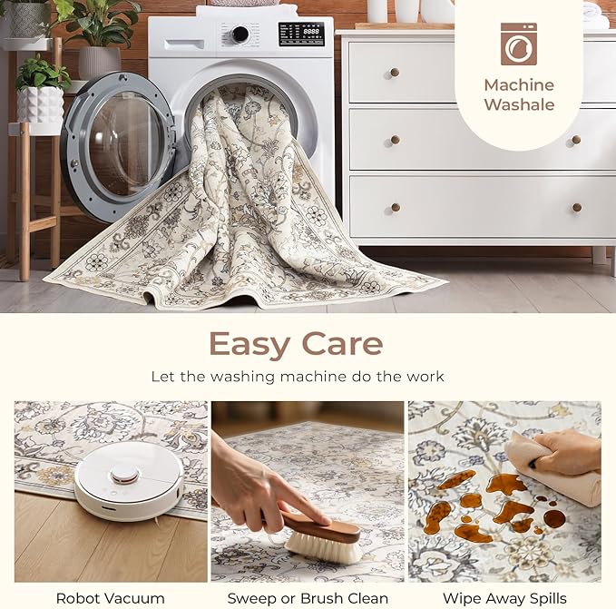 Floral 8x10 Area Rugs for Living Room, Washable Large Bedroom Rug, Soft Non Slip Carpet, Stain Resistant Low Pile Carpets for Indoor Under Table Dining Home Office Nursery, Beige