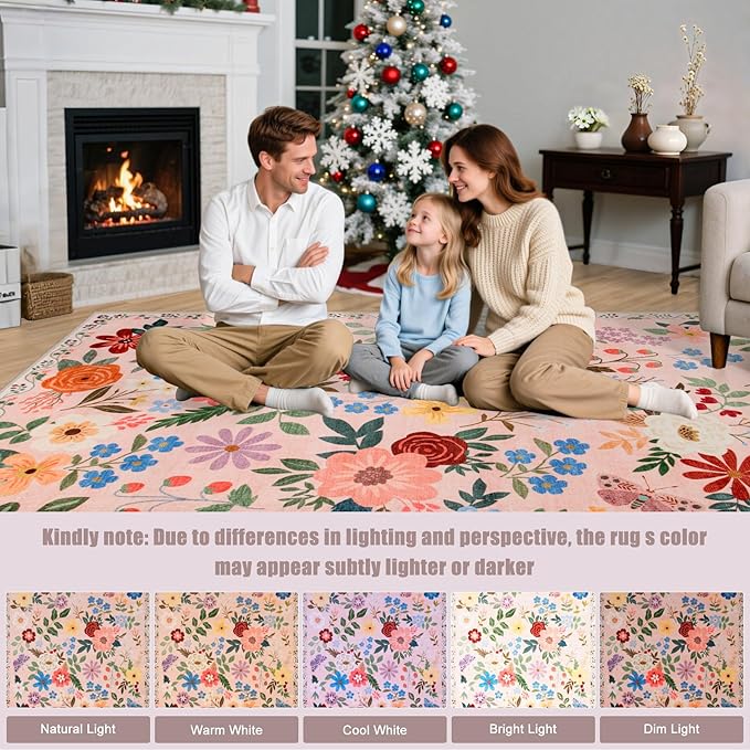 10x14 Area Rugs for Living Room: Floral Washable Rug Vintage Large Soft Boho Non-Slip Carpet Stain Resistant Low Pile Carpets for Bedroom Dining Room Farmhouse Nursery Hallway Home Office Beige