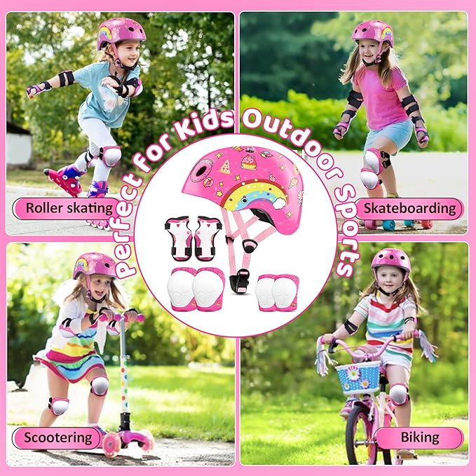 Vvinca Kids Toddlers Bike Helmet Adjustable for Ages 3-5-8 Years, Knee Pads and Elbow Pads Set Wrist Guard Sports Protective Gear Set for Roller Skate Bicycle Skateboard Scooter Girl Boy Birthday Gift