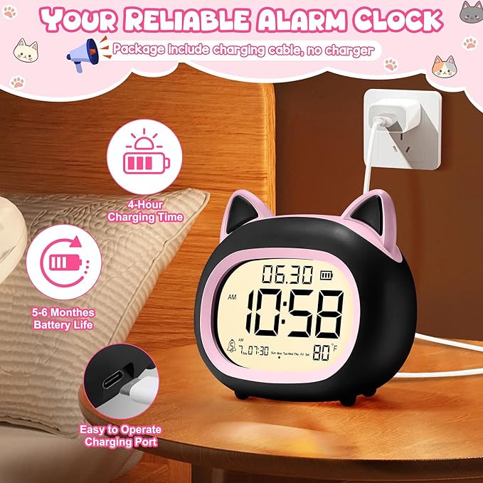 Kids Alarm Clock with Night Light for Kids, Small Digital Alarm Clocks for Bedrooms, Routine Builder, Cute Cat Alarm Clock with Sleep Training, Snooze, 12/24H, Date & Day, Temperature, USB Port
