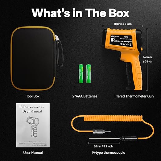 50:1 Infrared Thermometer -58F to 1796F, Laser Temp Gun with Thermocouple Probe for Pizza Oven, HVAC, BBQ, High Temp Gun with Humidity Sensor, Accurate for Home and Industrial Use