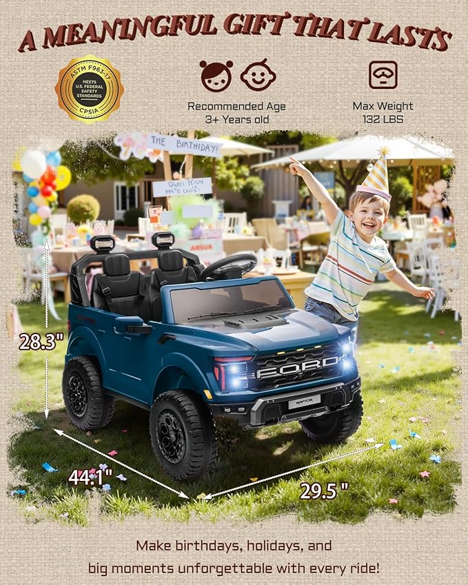 Licensed Ford F-150 Raptor 2 Seater Ride on Car for Kids, 24 Volt Ride on Toys for Boys w/Remote Control, Kids Electric Car w/LED Lights, Bluetooth, Truck Bed Storage, Soft Start (Blue)