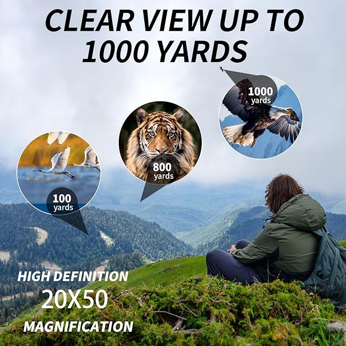 PISEZ 20X50 Binoculars for Adults High Powered with Low Light Vision,Compact Large View Waterproof Binoculars for Bird Watching Hunting Concert Traveling Theater Opera Sightseeing