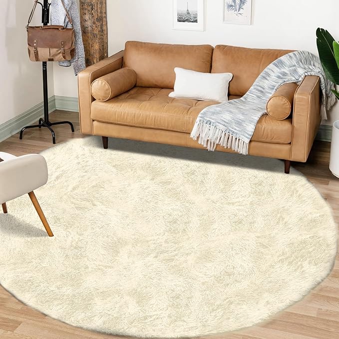 4FT Round Rug for Bedroom: Fluffy Shag Soft Washable Rugs Circle Small Fuzzy Plush Indoor Carpet for Living Room Nursery Playroom Dorm Kids Girls Boys Room (Cream White, 4'x4')