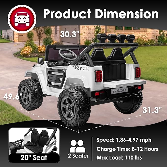 24V 2 Seater Ride On Truck with Remote Control 4WD Electric Car for Kids Ride On Car Battery Powered Ride On Toy Car with Music Player, LED Lights, Bluetooth, Rear Shock Absorber, White