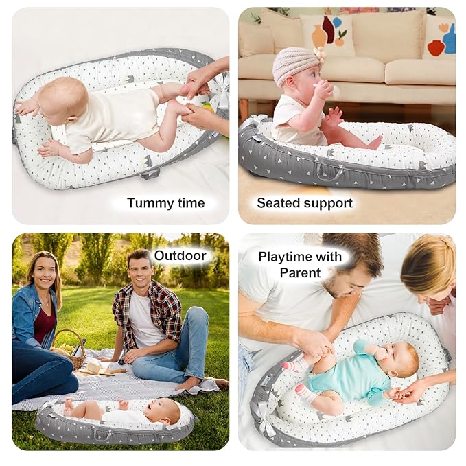 Baby Lounger | Organic Cotton Infant Lounger | Reversible, Adjustable & Portable Floor Lounger | Soft, Breathable, Washable Cover