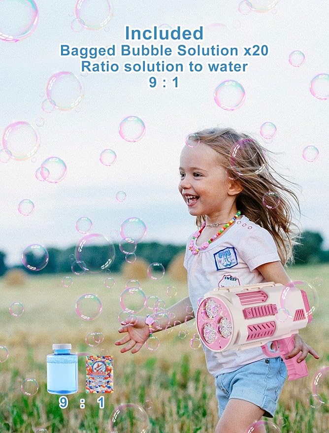Upgraded Bubble Machine Gun - Auto Bubble Blower, 8000+ Bubbles Per Minute for Kids & Adults Indoor/Outdoor Party - Pink