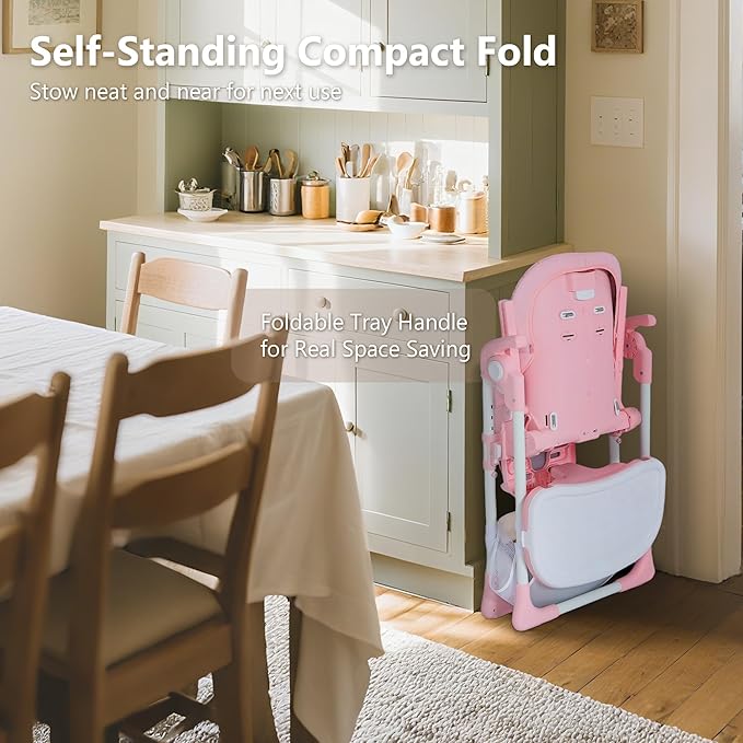 Kinder King Convertible Baby High Chair, Adjustable Feeding Chair for Babies and Toddlers with Removable Double Tray, Simple Compact Fold for Space-Saving, 2 Built-in Wheels, Easy to Clean, Pink