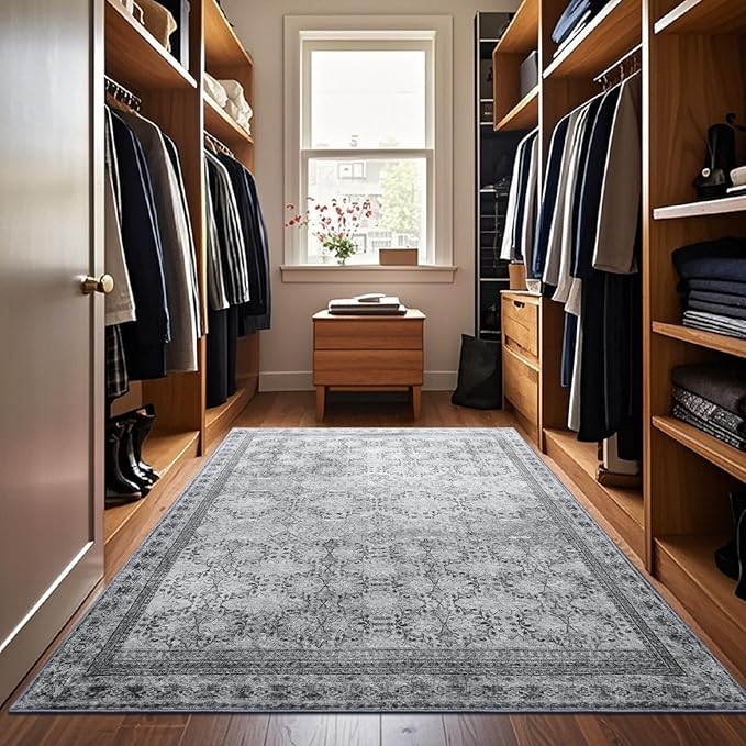 4x6 Area Rug for Bedroom Machine Washable, Non Slip Vintage Floral Kitchen Rugs for Dining Room,Rustic Indoor Floor Carpet for Kids Room, Playroom, Office Classroom Faded Grey