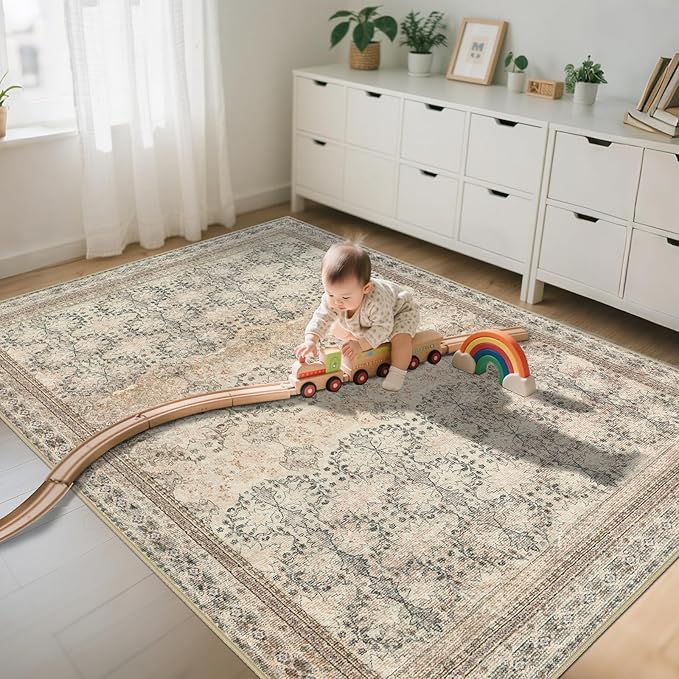 6x9 Washable Area Rug Non Slip, Thin Vintage Floral Living Room Rug Low Pile, Indoor Large Distressed Print Carpet for Bedroom, Dining Room, Farmhouse, Home Office, College Dorm Beige/Pink/Orange