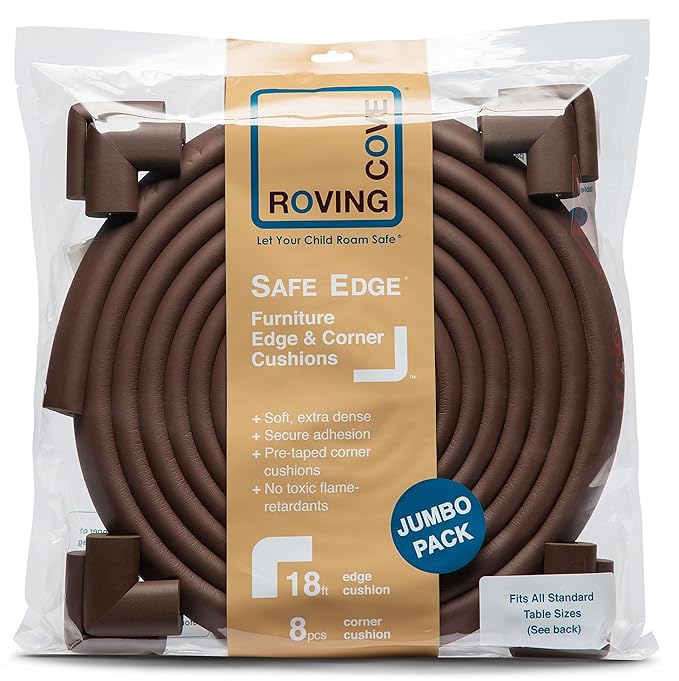 Roving Cove HeftyFit Edge Corner Protector Baby Proofing (Large 18ft Edge 8 Corners), Heavy-Duty, Soft NBR Rubber Foam, Furniture Fireplace Safety Bumper Guard, 3M Adhesive, Coffee Brown
