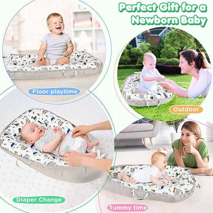 KISS GOLD Baby Lounger - Breathable Soft Cotton Cover Baby Lounger Nest, Babies Essentials Gifts, Portable Lounger for Baby Tummy Time Floor Playing Seated Support for Home and Travel